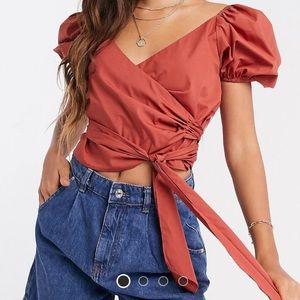 Puff Sleeve Crop Tie Wrap Top
